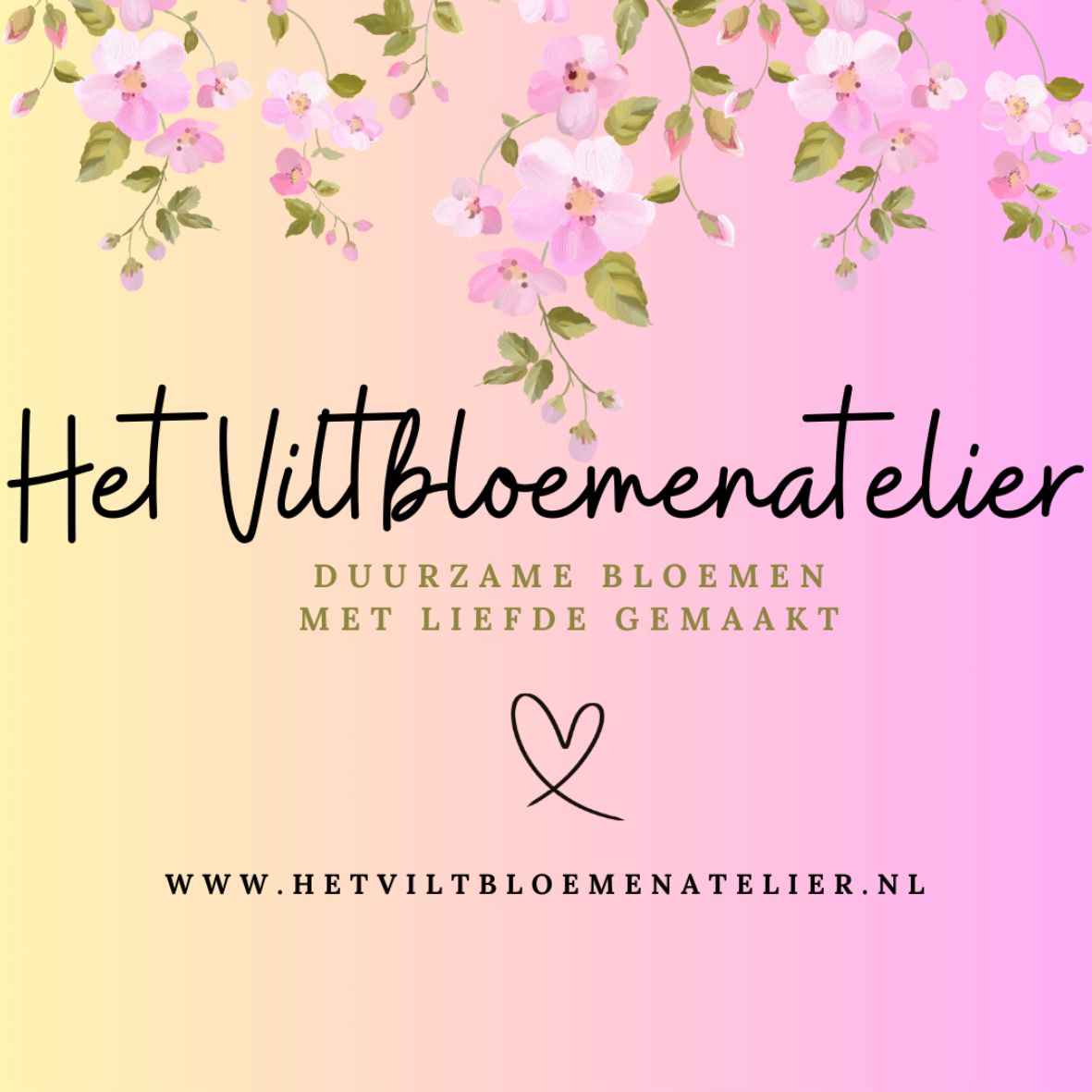 Het Viltbloemenatelier logo, duurzame bloemen met liefde gemaakt met de websitevermelding eronder