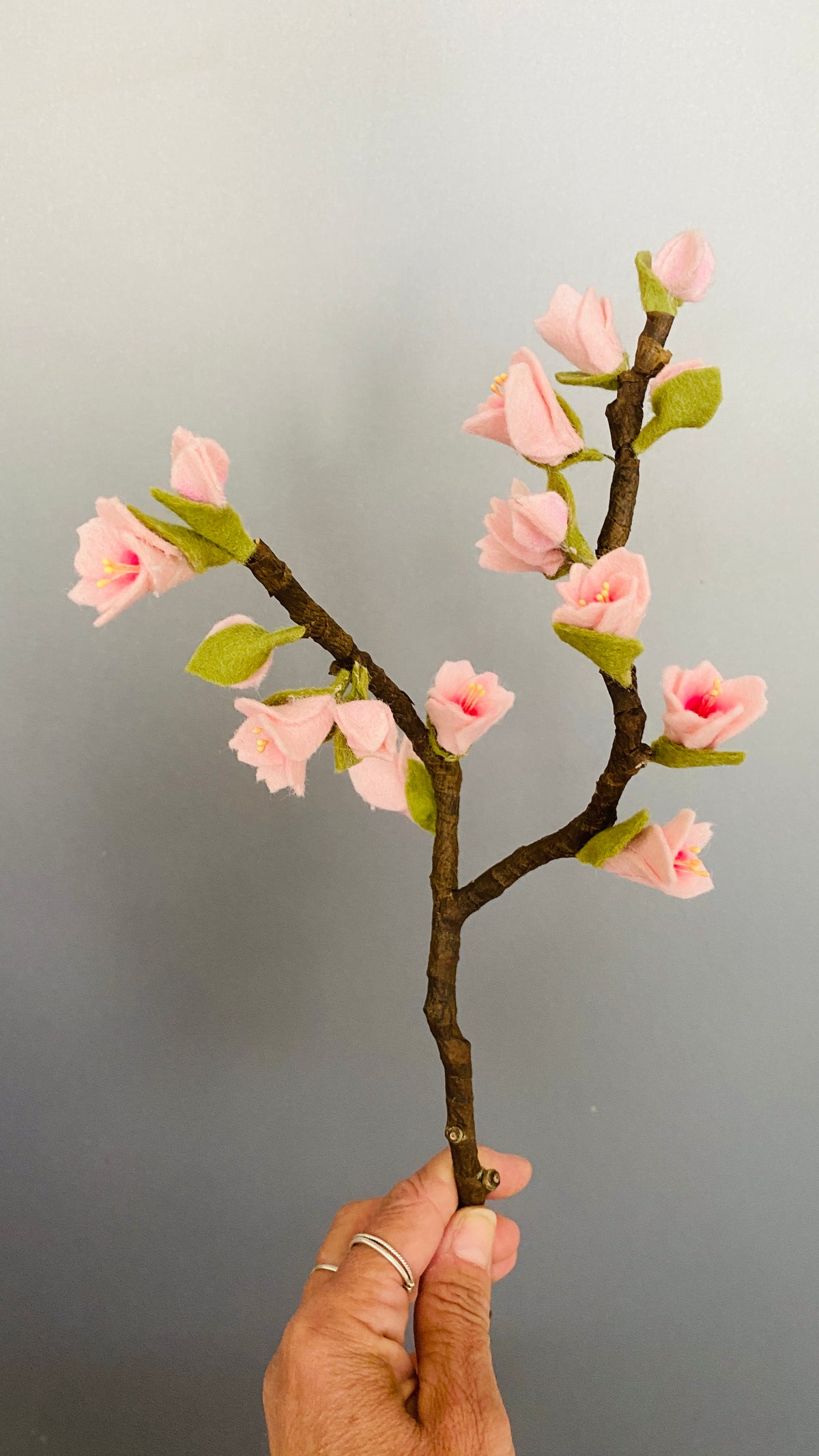 resultaat van een zelfgemaakte bloesemtak van vilt tijdens een workshop gegeven door het vitbloemenatelier in Uithoorn