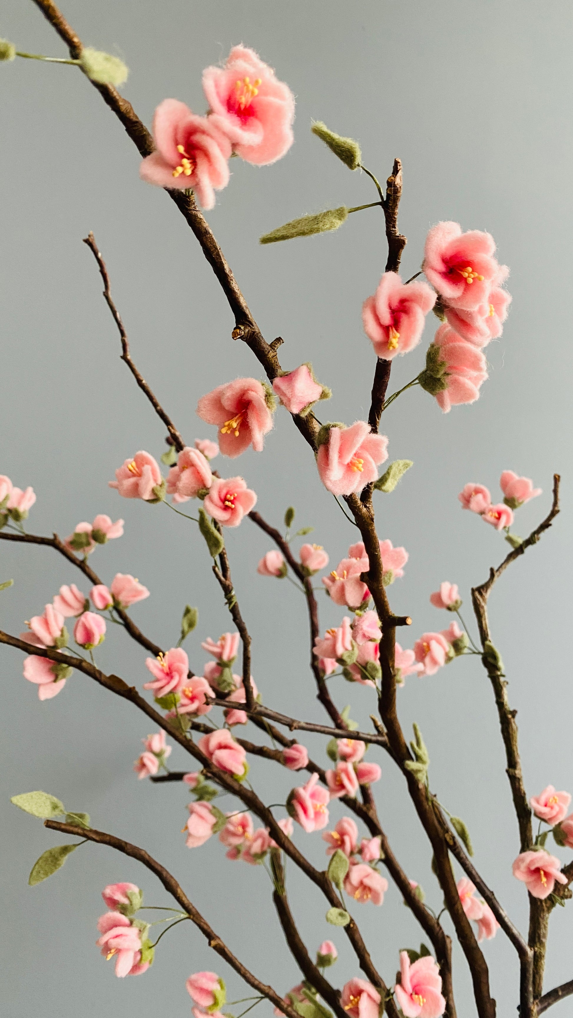 bloesemtakken met handgemaakte roze bloemetjes van vilt op een echte tak van hout