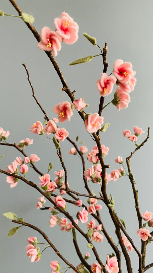 bloesemtakken met handgemaakte roze bloemetjes van vilt op een echte tak van hout