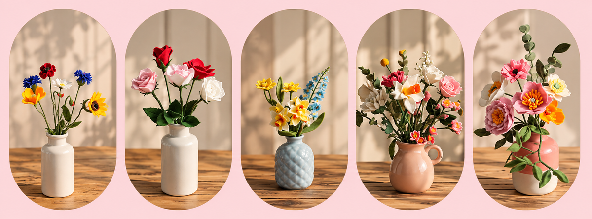 verschillende handgemaakte duurzame boeketten viltbloemen