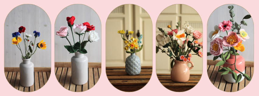 verschillende handgemaakte duurzame boeketten viltbloemen