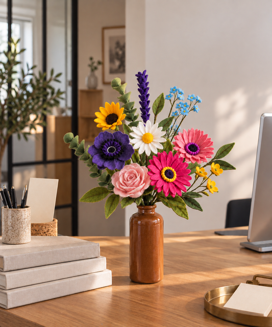 Handgemaakt viltbloemen boeketje met verschillende kleuren en soorten viltbloemen ook te verkrijgen als abonnement compact