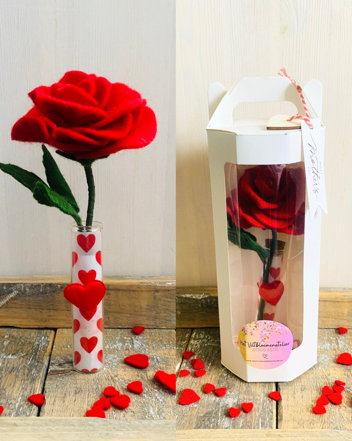Cadeautip: Vilten Roos met vaasje in luxe doosje