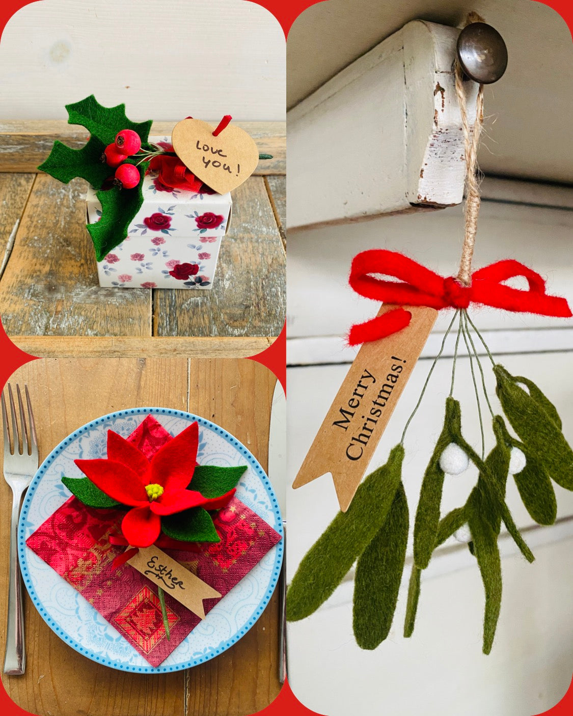 compilatie van drie foto's met de kerstcreaties die gemaakt werden tijdens de kerstworkshop bij het viltbloemenatelier in Uithoorn Noord Holland