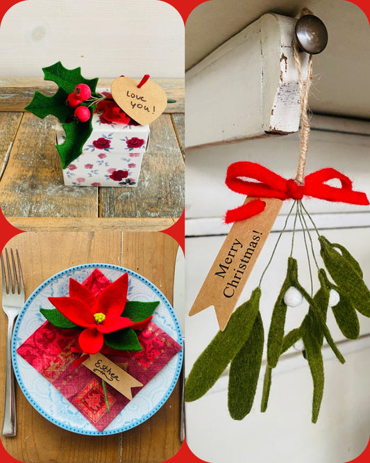 compilatie van drie foto's met de kerstcreaties die gemaakt werden tijdens de kerstworkshop bij het viltbloemenatelier in Uithoorn Noord Holland